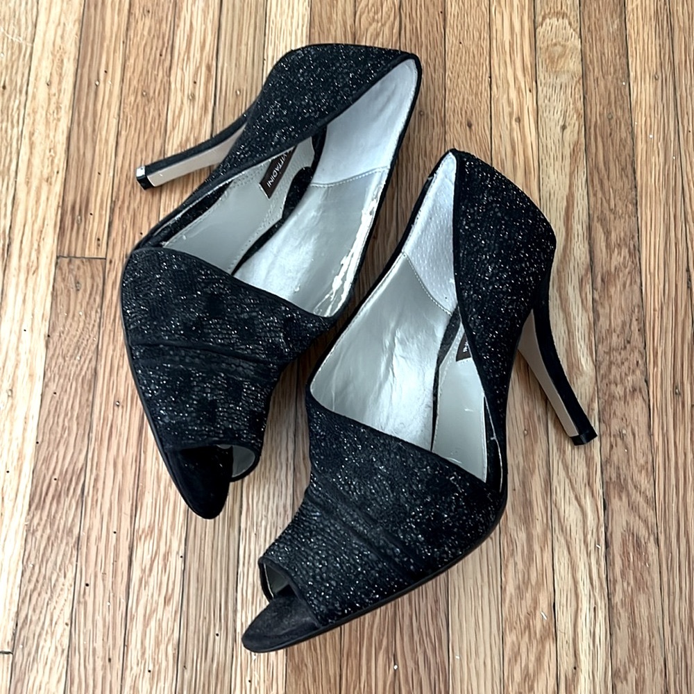 Adrienne Vittadini Sparkly Black Asymmetrical Peep-Toe Heels Size 9